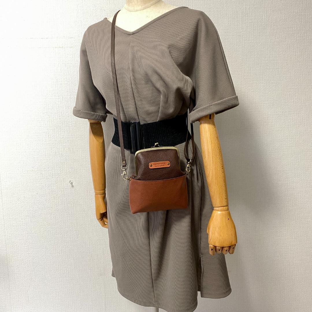 レトロな がま口バッグ と スマホショルダー 2点セット 合皮 茶色系