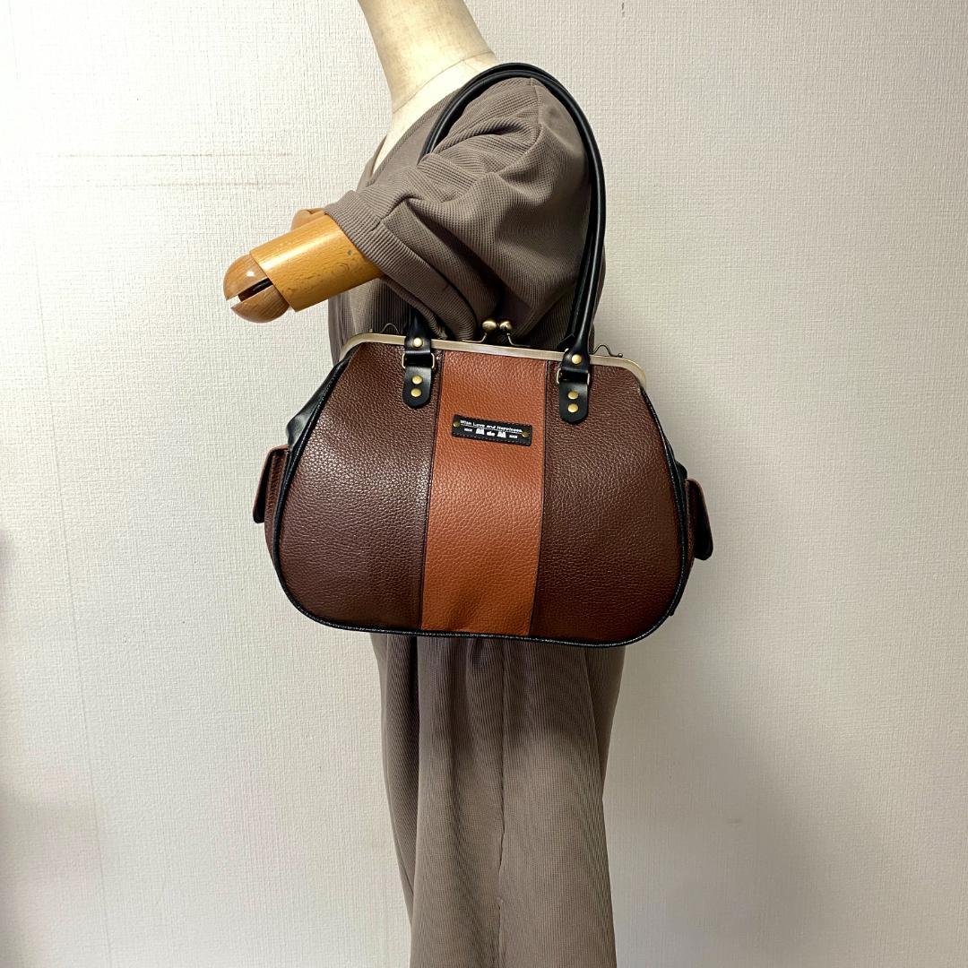 レトロな がま口バッグ と スマホショルダー 2点セット 合皮 茶色系