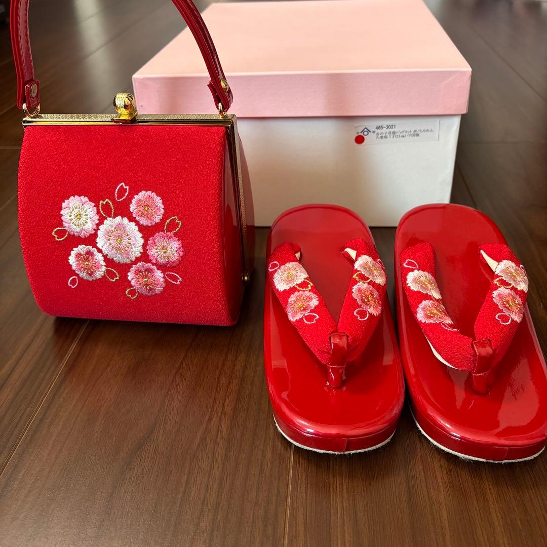 七五三　7歳　草履・バッグ　2点セット　ちりめん　八重桜