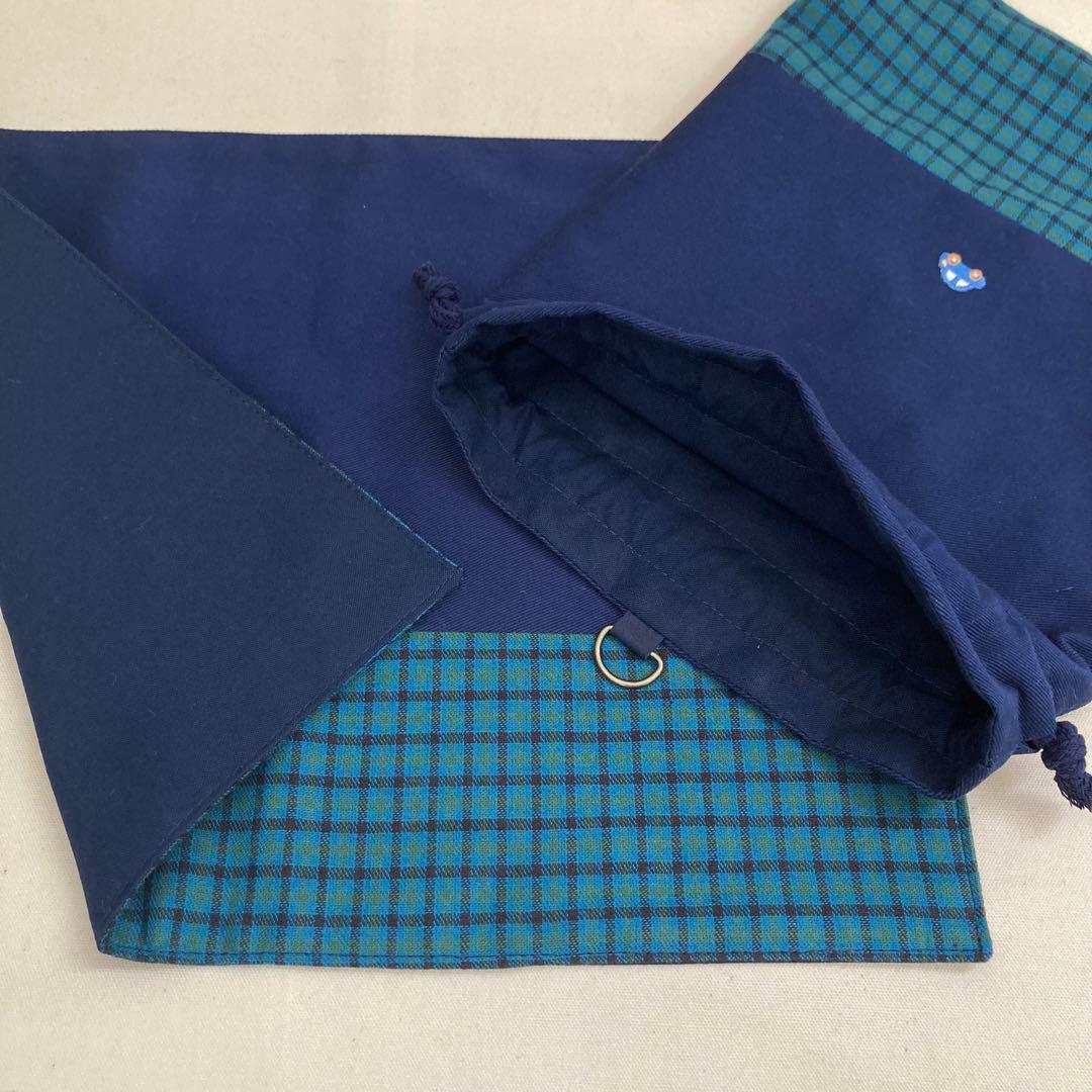 【あき】通園通学グッズ　5点セット　ファミリア風チェック　クローバー　青車