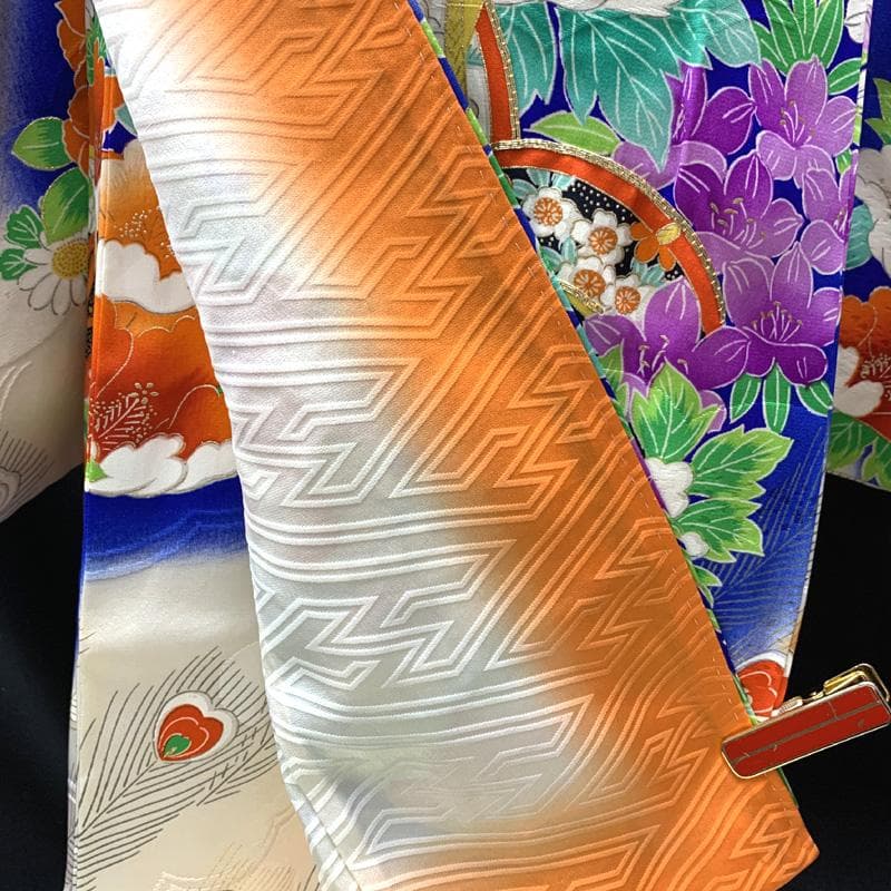 506ag3着物&長襦袢□七五三 七歳 女児 金彩 花 鼓 孔雀羽□良好