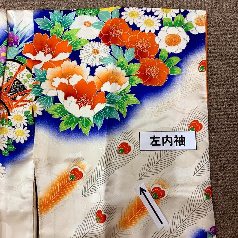 506ag3着物&長襦袢□七五三 七歳 女児 金彩 花 鼓 孔雀羽□良好
