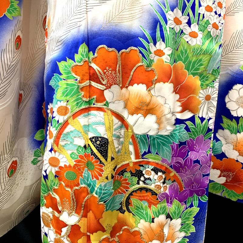 506ag3着物&長襦袢□七五三 七歳 女児 金彩 花 鼓 孔雀羽□良好