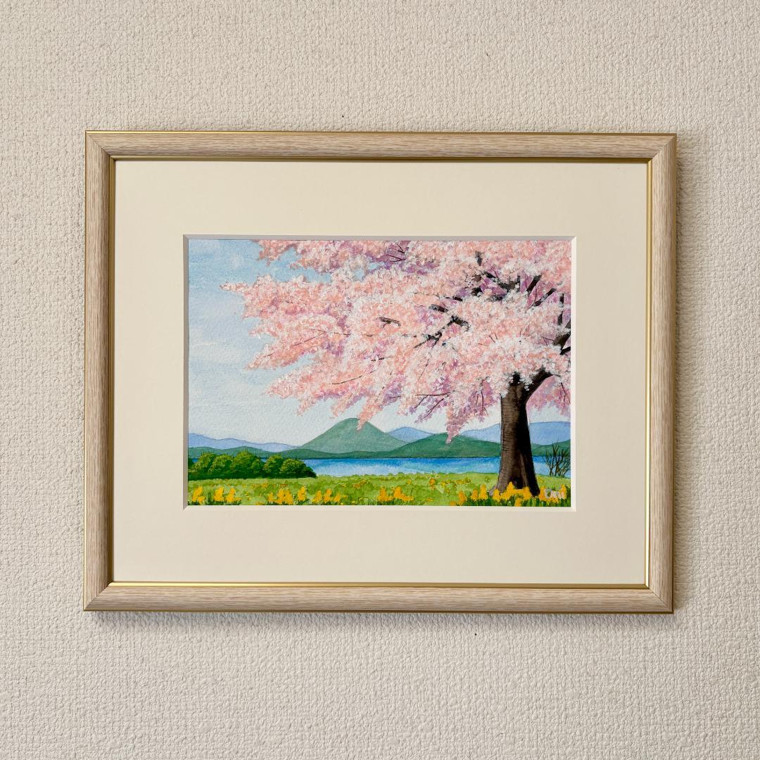 透明水彩画　原画　「湖畔の桜」額縁付き　SMサイズ　風景画