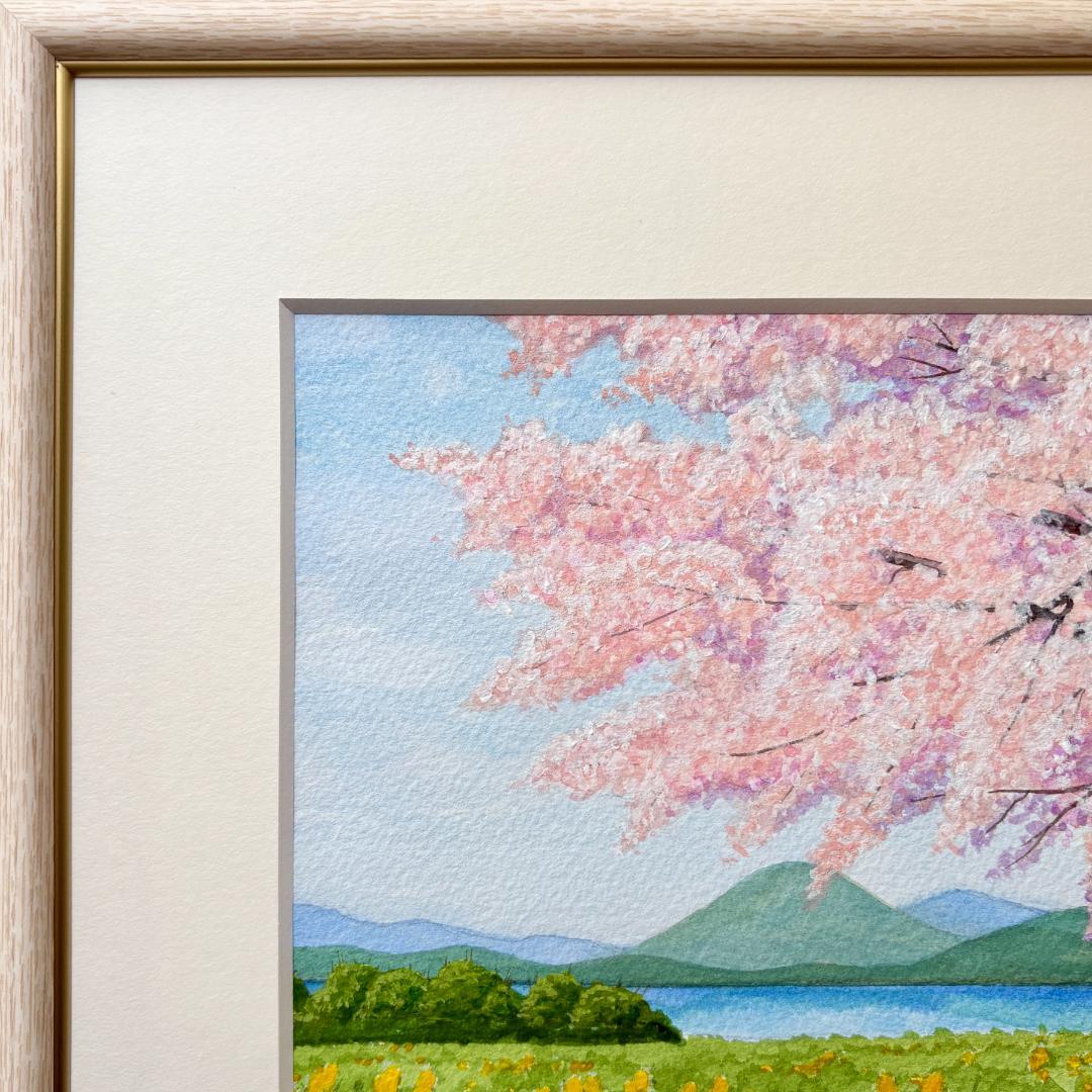 透明水彩画　原画　「湖畔の桜」額縁付き　SMサイズ　風景画