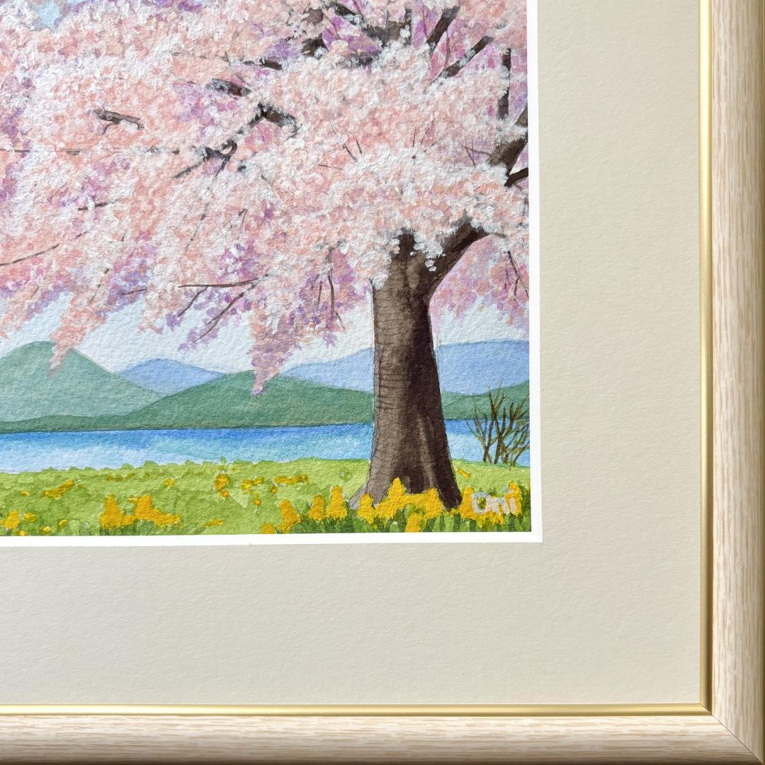 透明水彩画　原画　「湖畔の桜」額縁付き　SMサイズ　風景画