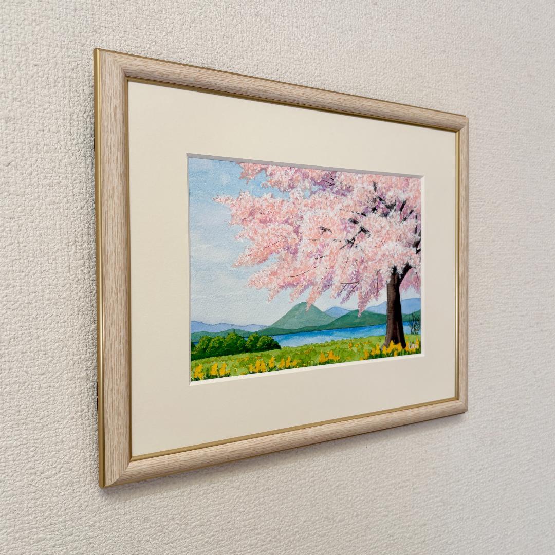 透明水彩画　原画　「湖畔の桜」額縁付き　SMサイズ　風景画