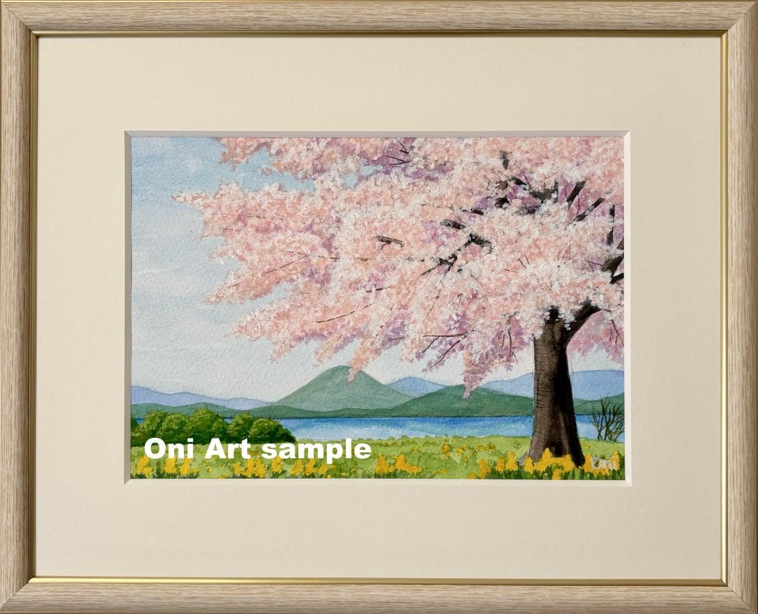 透明水彩画　原画　「湖畔の桜」額縁付き　SMサイズ　風景画