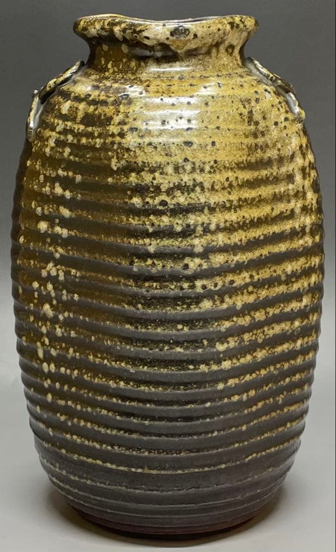 ヨシモ※プロフ必読※古備前　桂又三郎織　結文耳轆轤目ヘコミ花生　G532