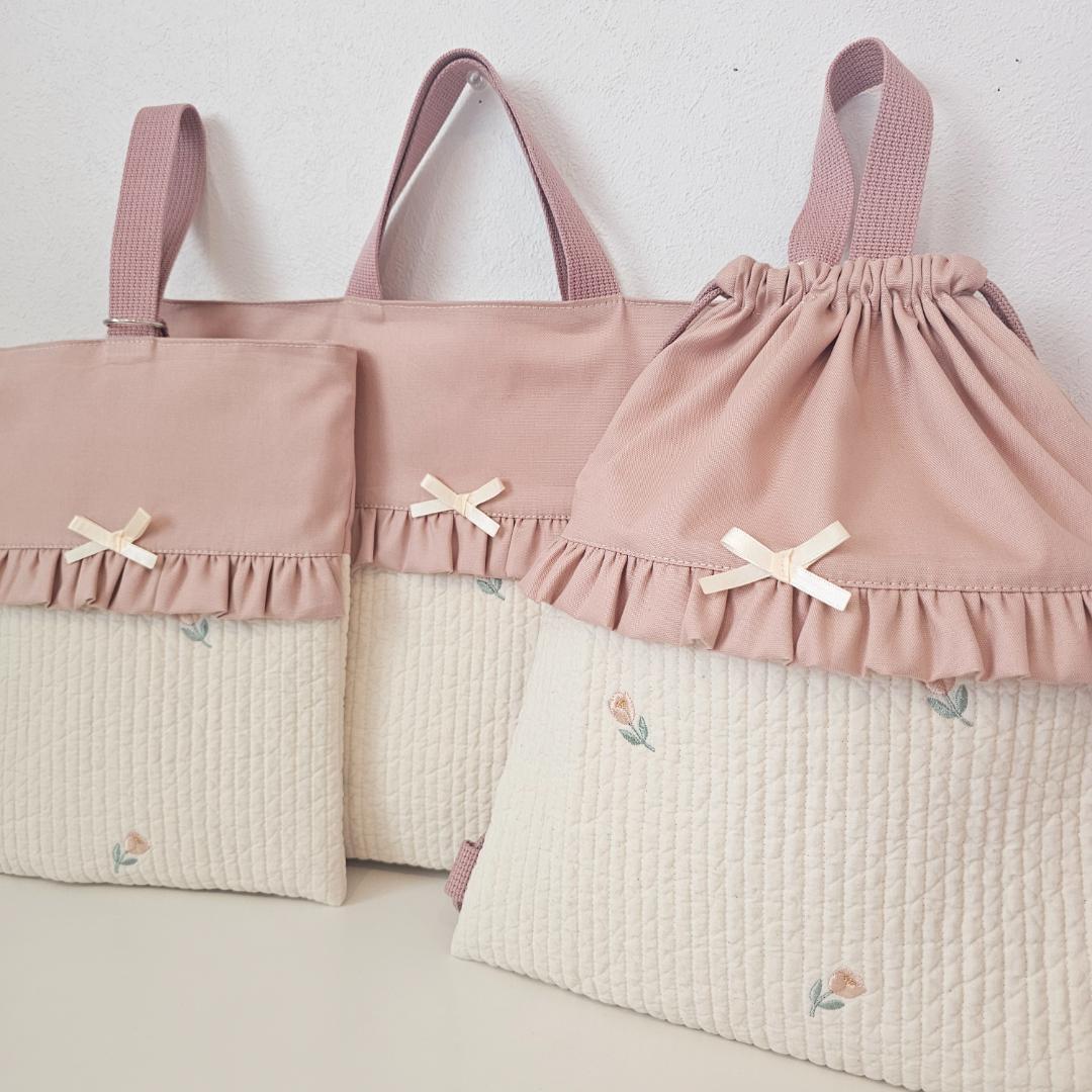 入学・入園3点セット★ヌビ　刺繍　チューリップレッスンバッグ・上履き入れ・ナップ