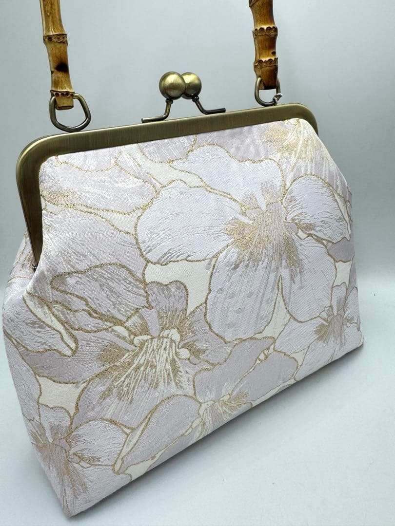 【ハンドメイド】ハンド バッグ 金糸縁白ぽいユリ 2点セット #436