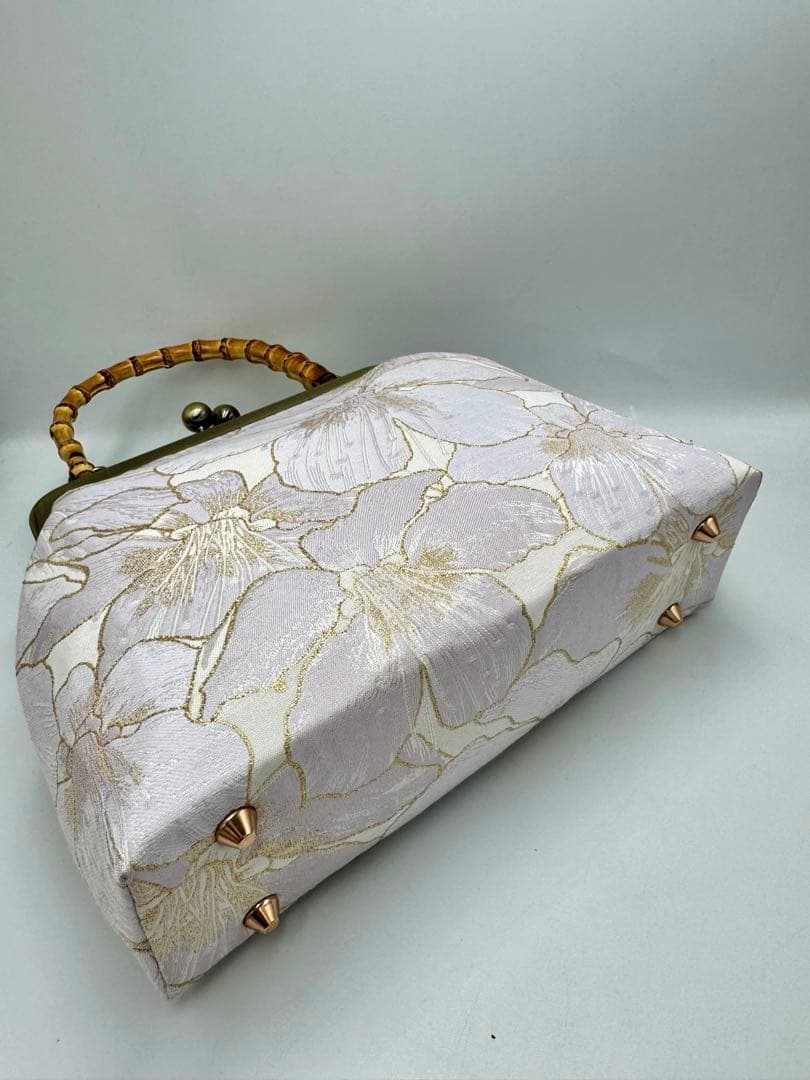 【ハンドメイド】ハンド バッグ 金糸縁白ぽいユリ 2点セット #436
