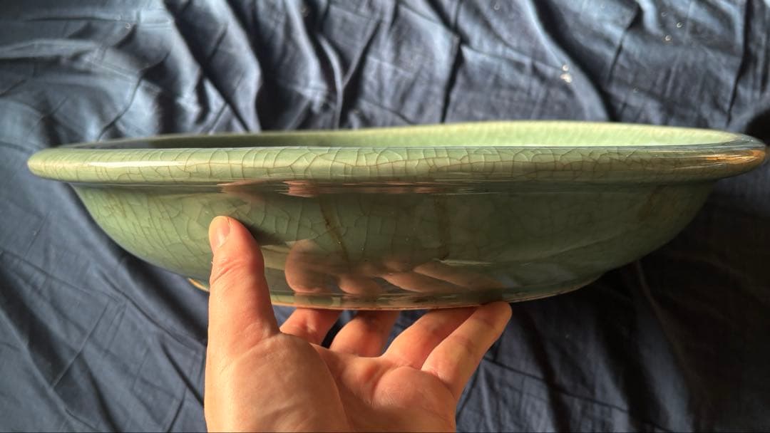 中国古美術品　明の時代　特大魚文龍泉大皿　天龍寺窯　37cm