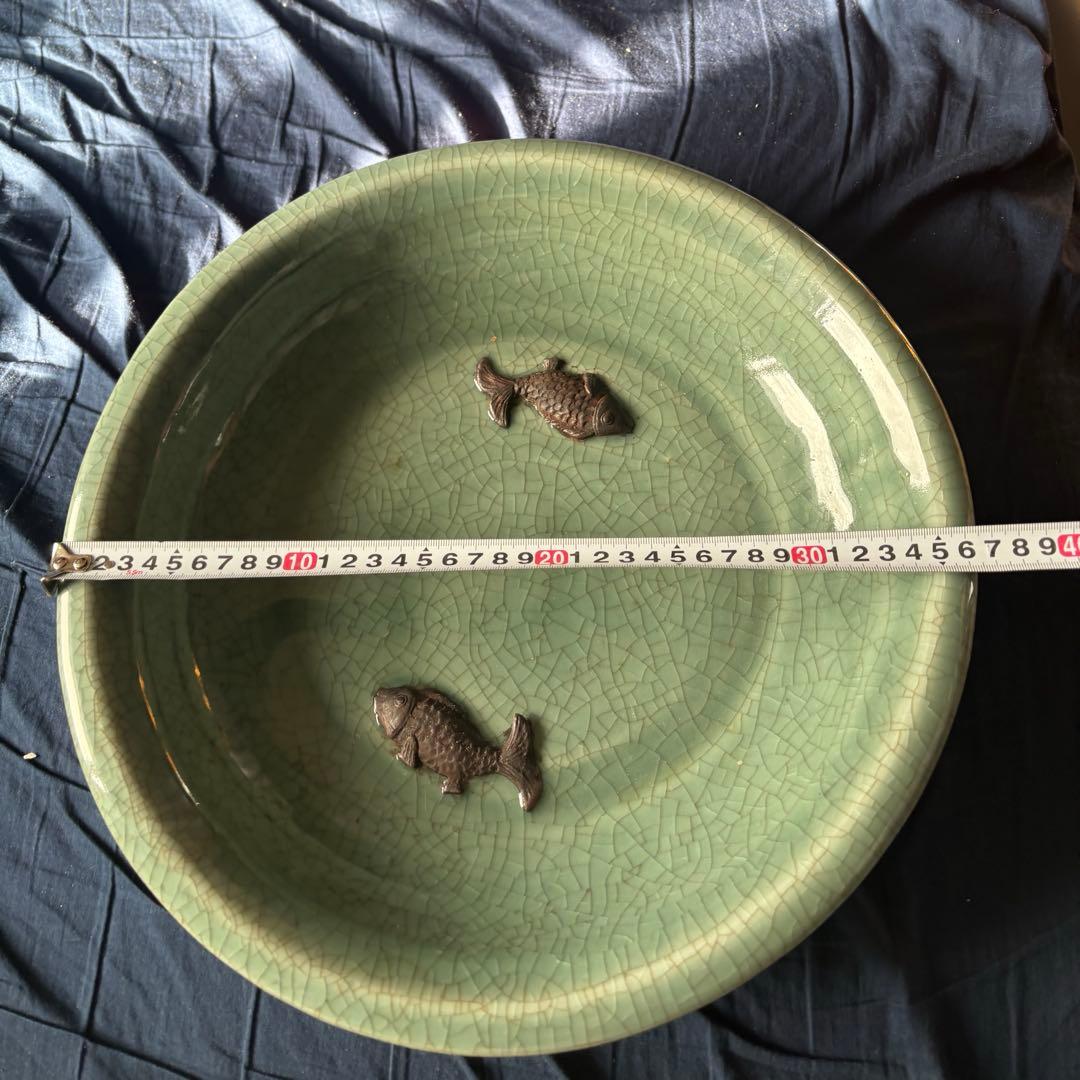 中国古美術品　明の時代　特大魚文龍泉大皿　天龍寺窯　37cm