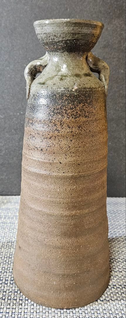 益子焼　名工　須藤武雄 作　灰釉　耳付 花瓶　共箱　共布　花入れ　師】濱田庄司