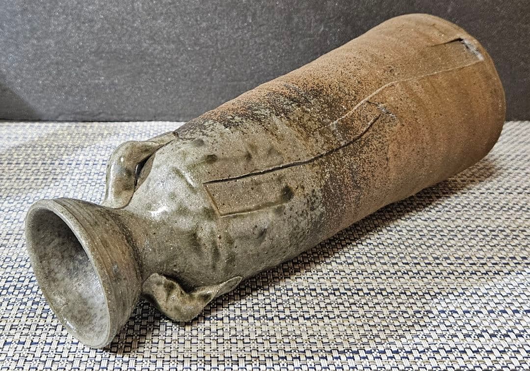 益子焼　名工　須藤武雄 作　灰釉　耳付 花瓶　共箱　共布　花入れ　師】濱田庄司