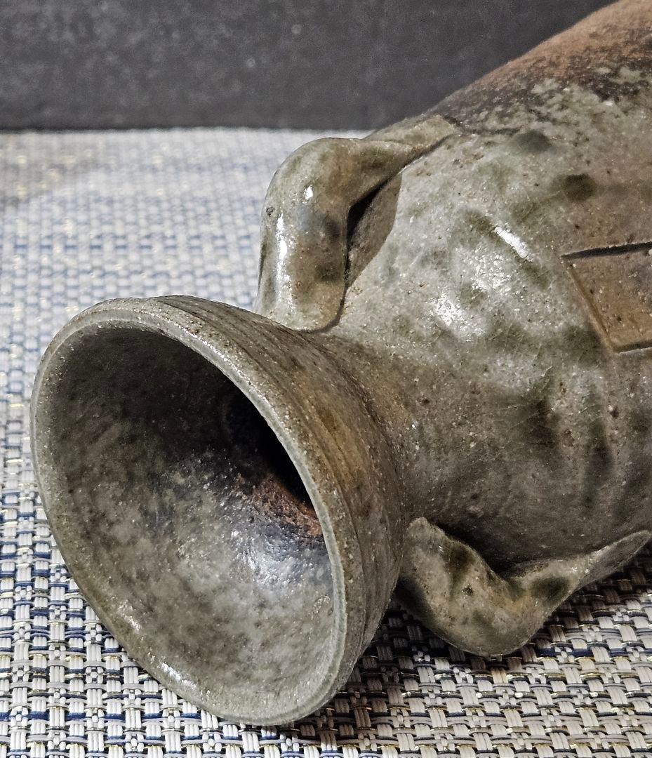 益子焼　名工　須藤武雄 作　灰釉　耳付 花瓶　共箱　共布　花入れ　師】濱田庄司