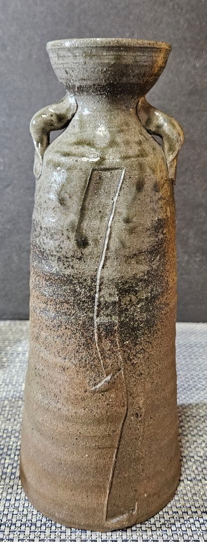 益子焼　名工　須藤武雄 作　灰釉　耳付 花瓶　共箱　共布　花入れ　師】濱田庄司