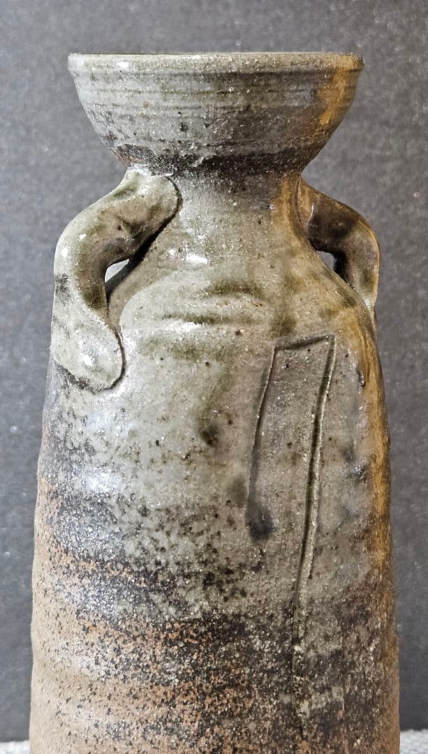 益子焼　名工　須藤武雄 作　灰釉　耳付 花瓶　共箱　共布　花入れ　師】濱田庄司