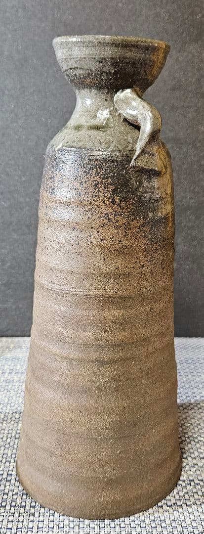 益子焼　名工　須藤武雄 作　灰釉　耳付 花瓶　共箱　共布　花入れ　師】濱田庄司