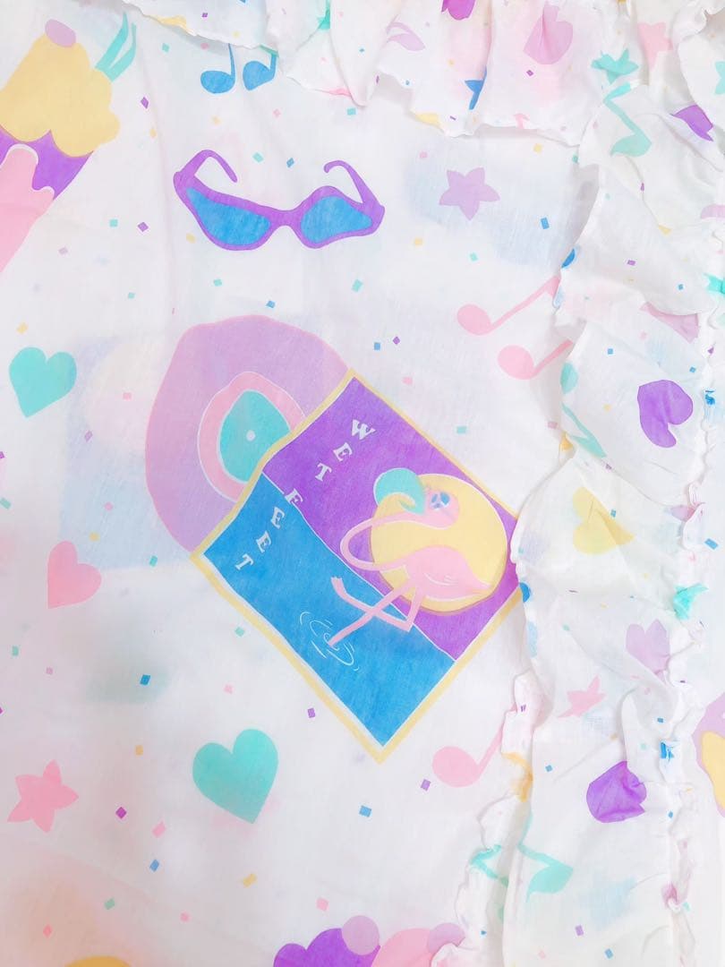 80sヴィンテージ ふりふりラジオとアイス柄のパステルカーテン