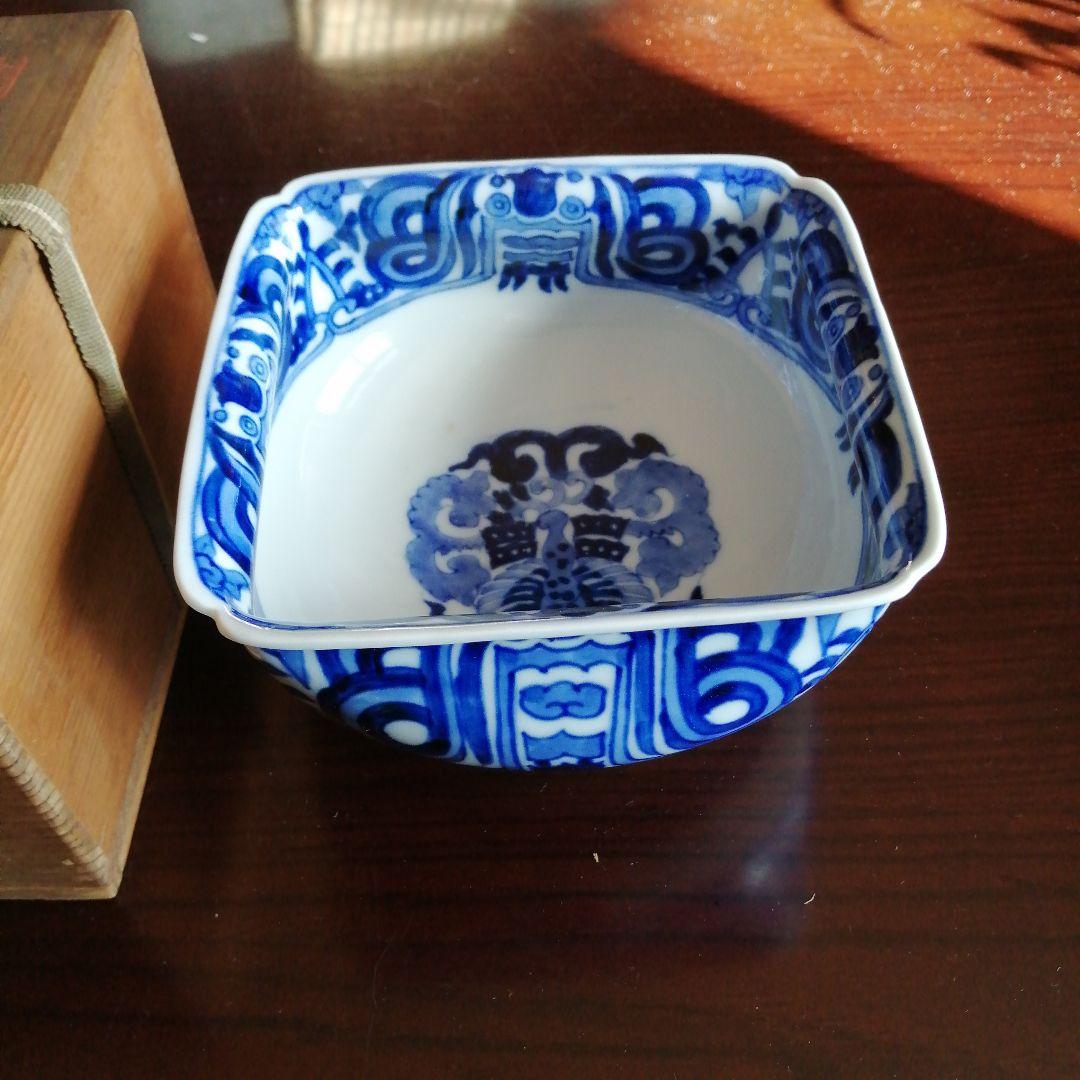 五良太夫　染付隅切角鉢　15cm　大正〜昭和初期