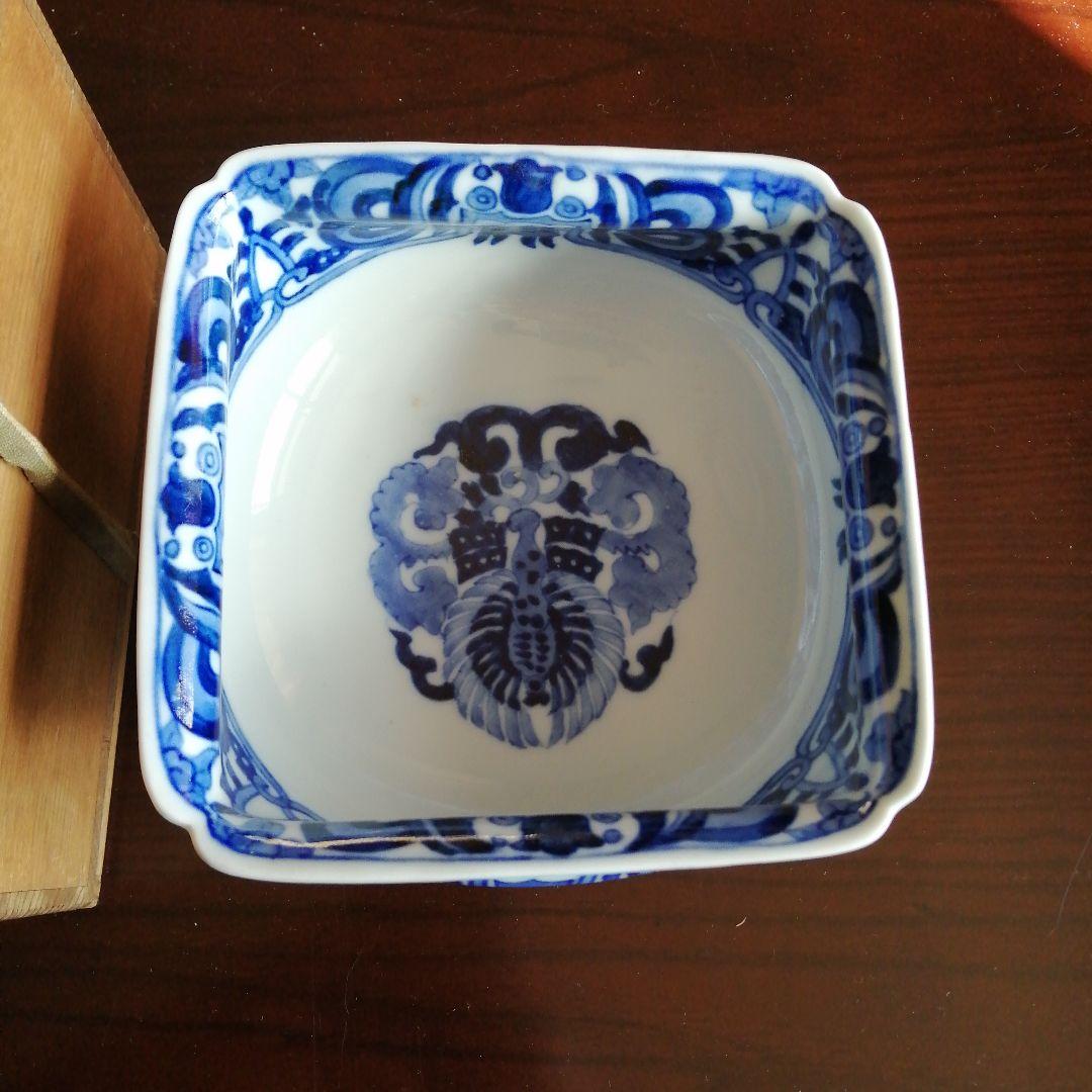 五良太夫　染付隅切角鉢　15cm　大正〜昭和初期