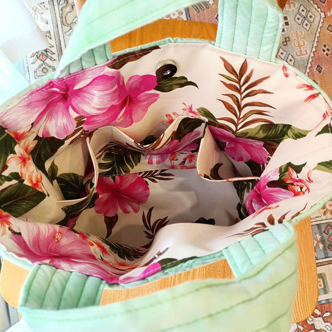 ハワイアンキルト　バッグ　パンの木　グリーン