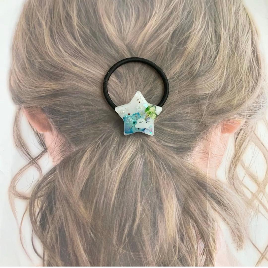 【3367】ヘアゴム シマエナガ ブルーとグリーンの紫陽花 ホワイト お星様型