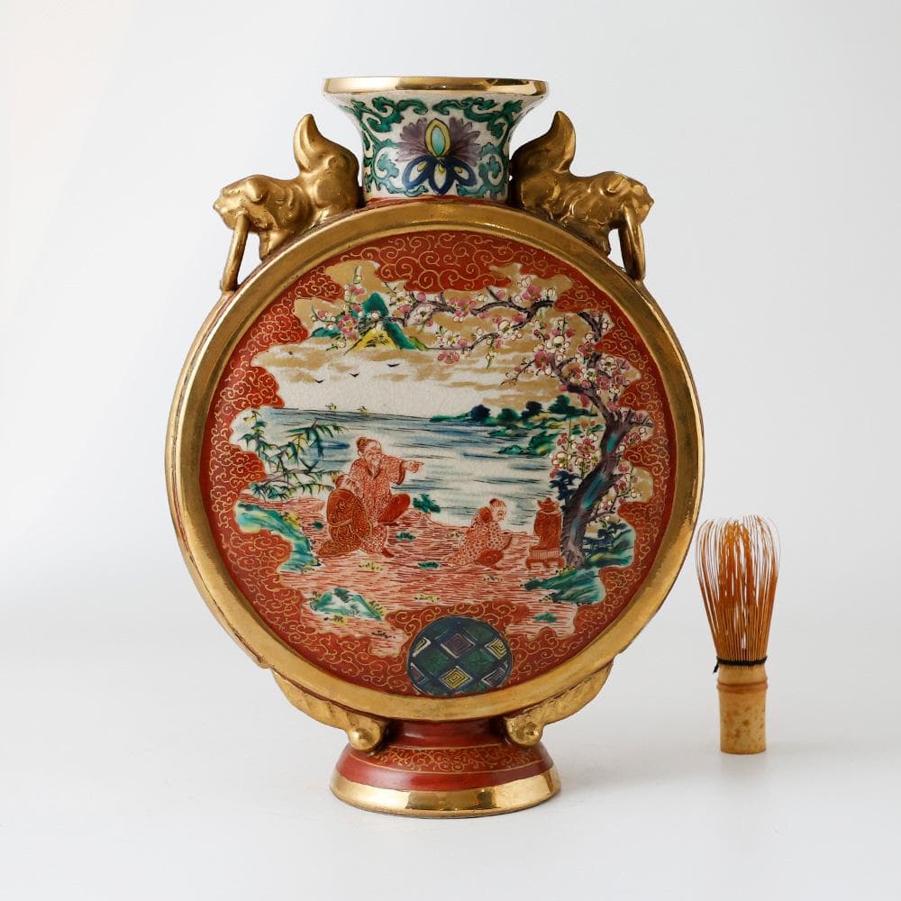 九谷焼 庄三 赤絵 金彩 角福 松下賢人図 扁平花瓶 双耳 花入 花器 花瓶 壷