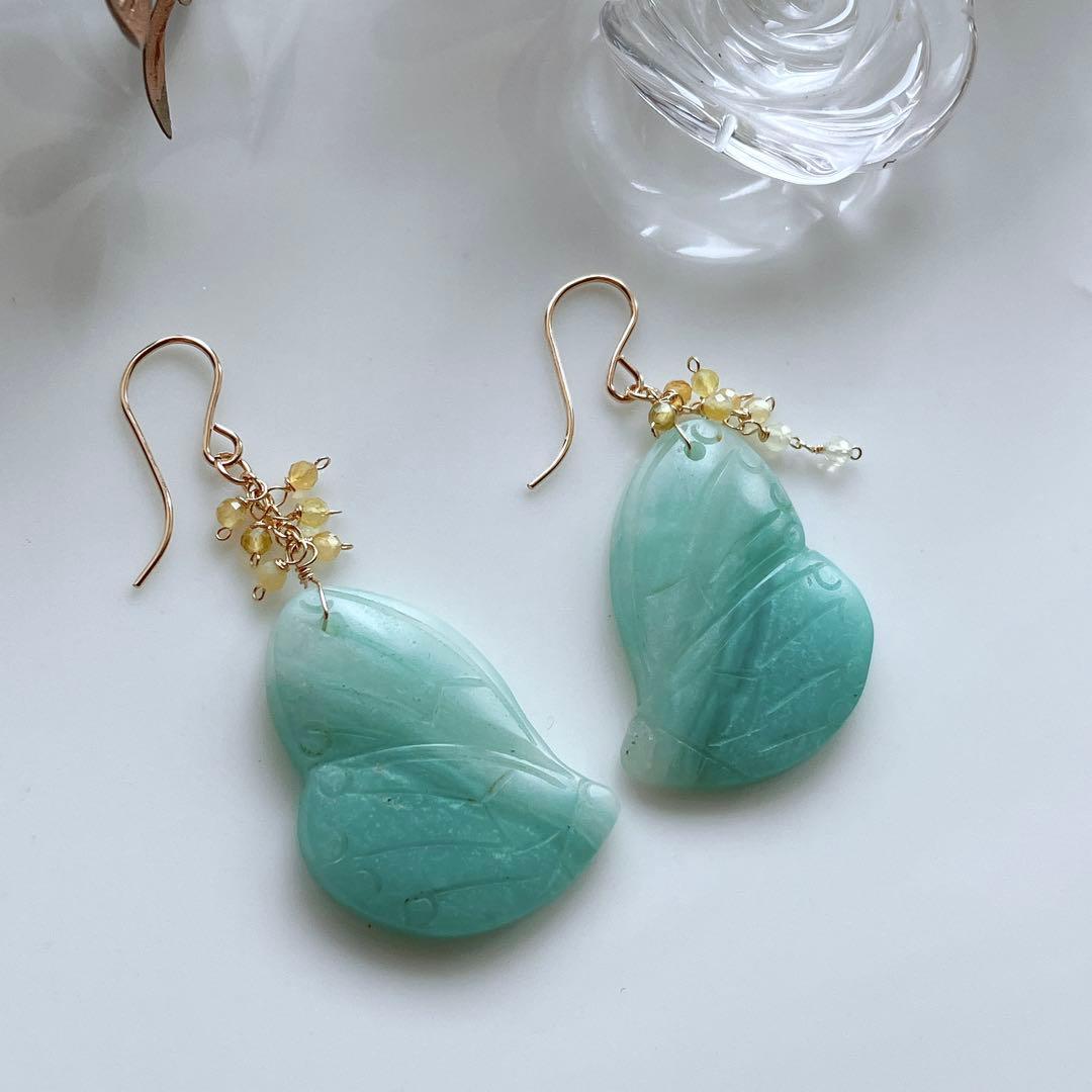 ハニーフラット◆バタフライカービング✧アマゾナイト×イエローオパールピアス