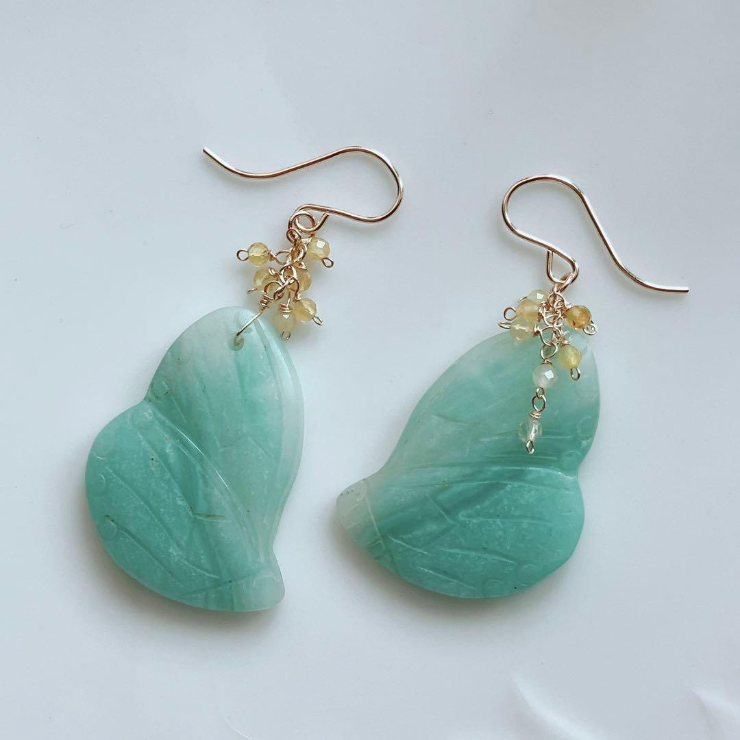 ハニーフラット◆バタフライカービング✧アマゾナイト×イエローオパールピアス