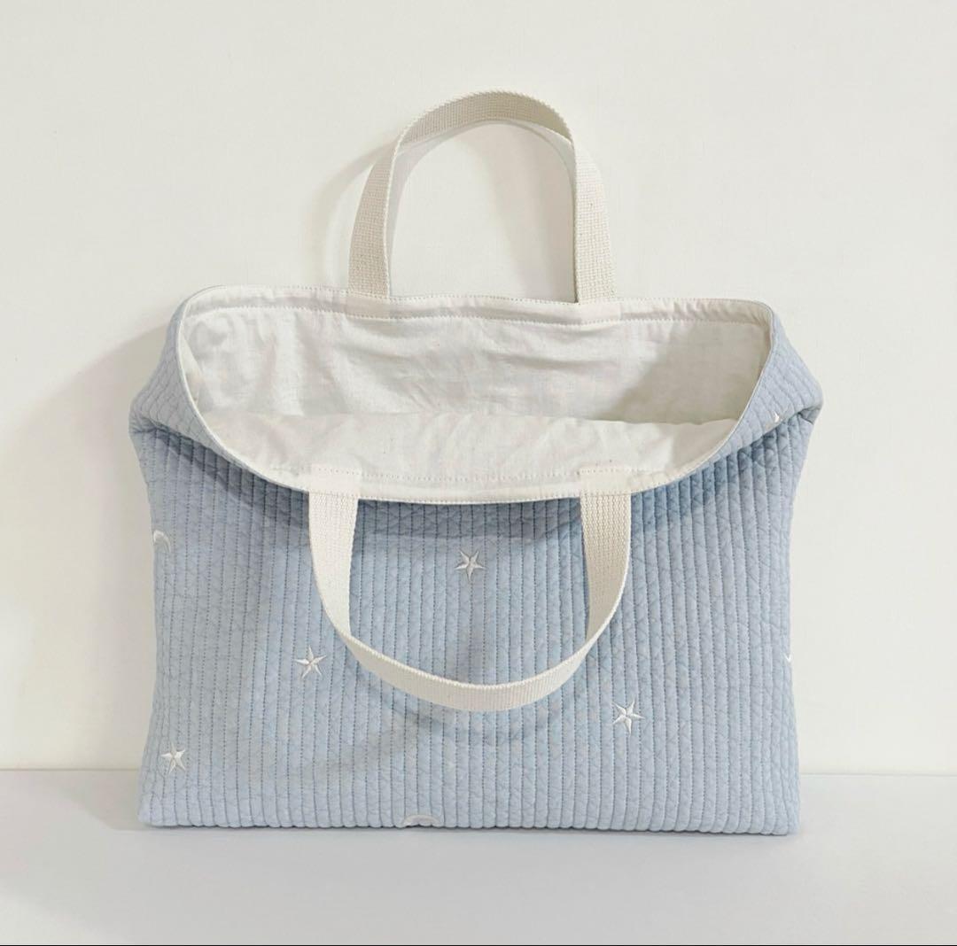 ライトブルーのムーン刺繍手提げバッグセット