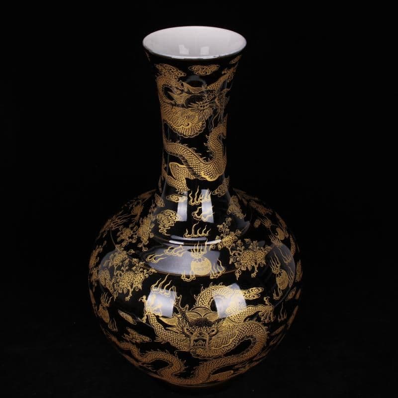 烏金龍紋賞瓶 景徳鎮 陶磁器 装飾品 現代工芸品美術品 置物