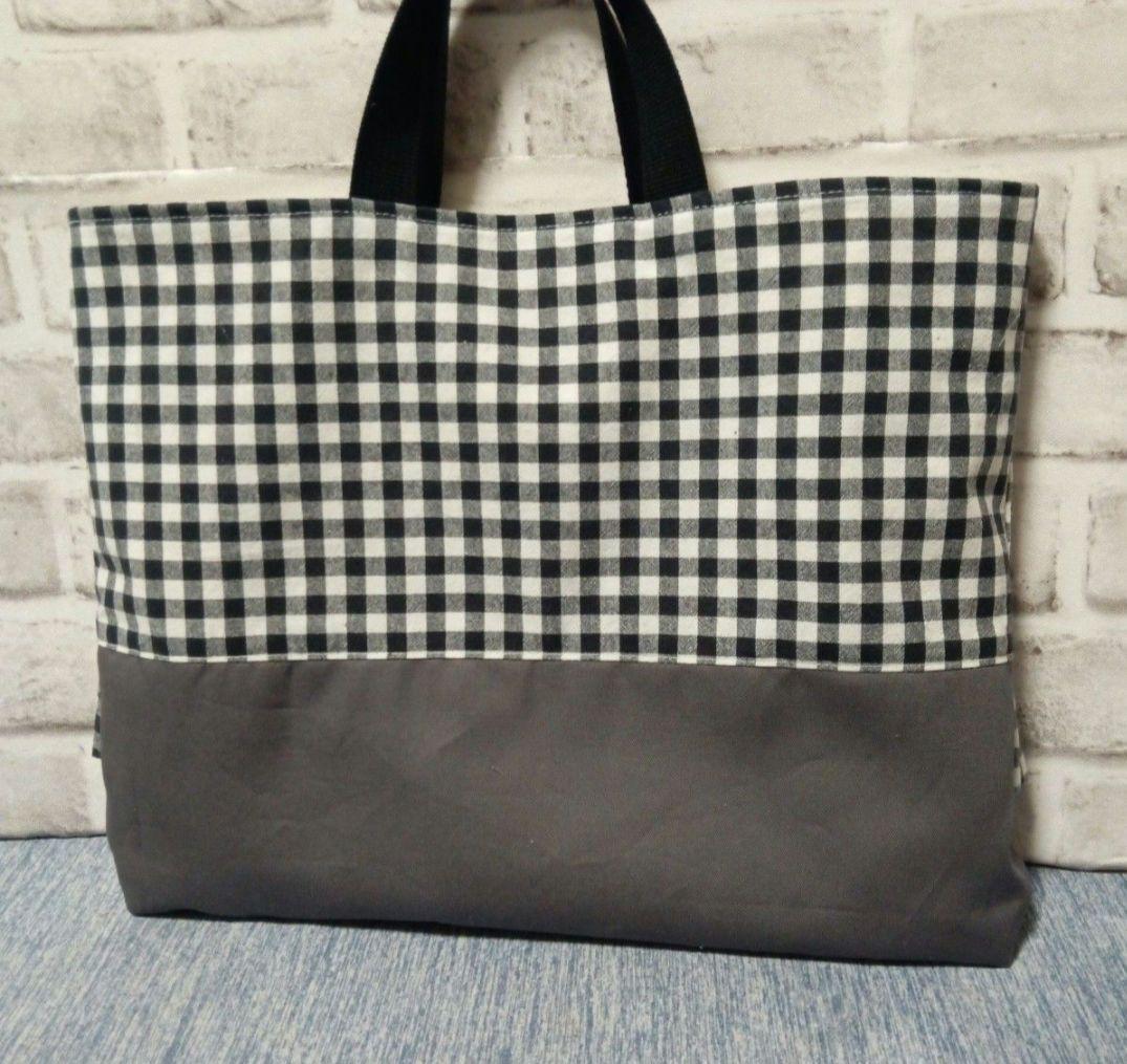 19、レッスンバッグ　ハンドメイド　チェック　グレー　フリル　入園入学
