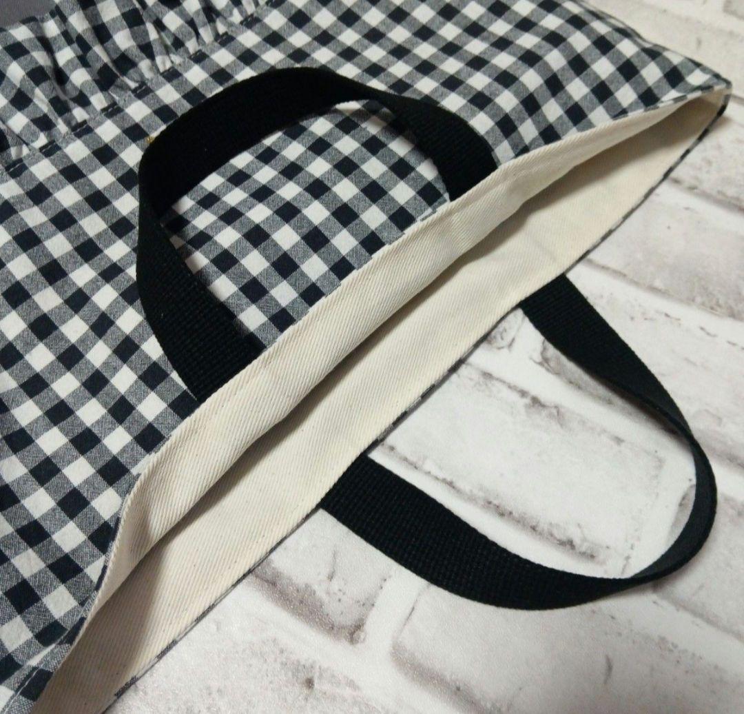 19、レッスンバッグ　ハンドメイド　チェック　グレー　フリル　入園入学