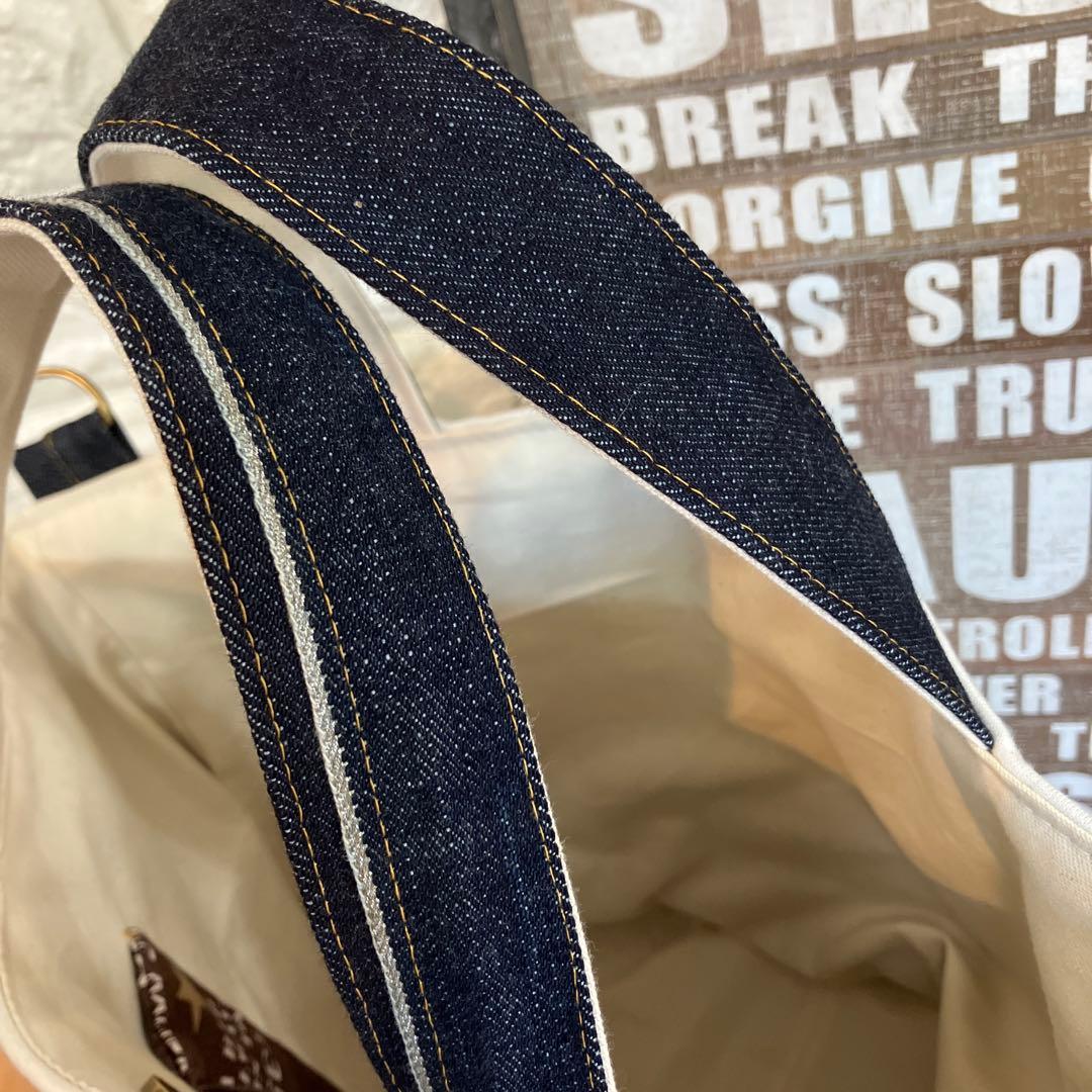 ハンドメイドバックデニムリメイクパッチワーク丸底トートバック♡スイーツとフレブル