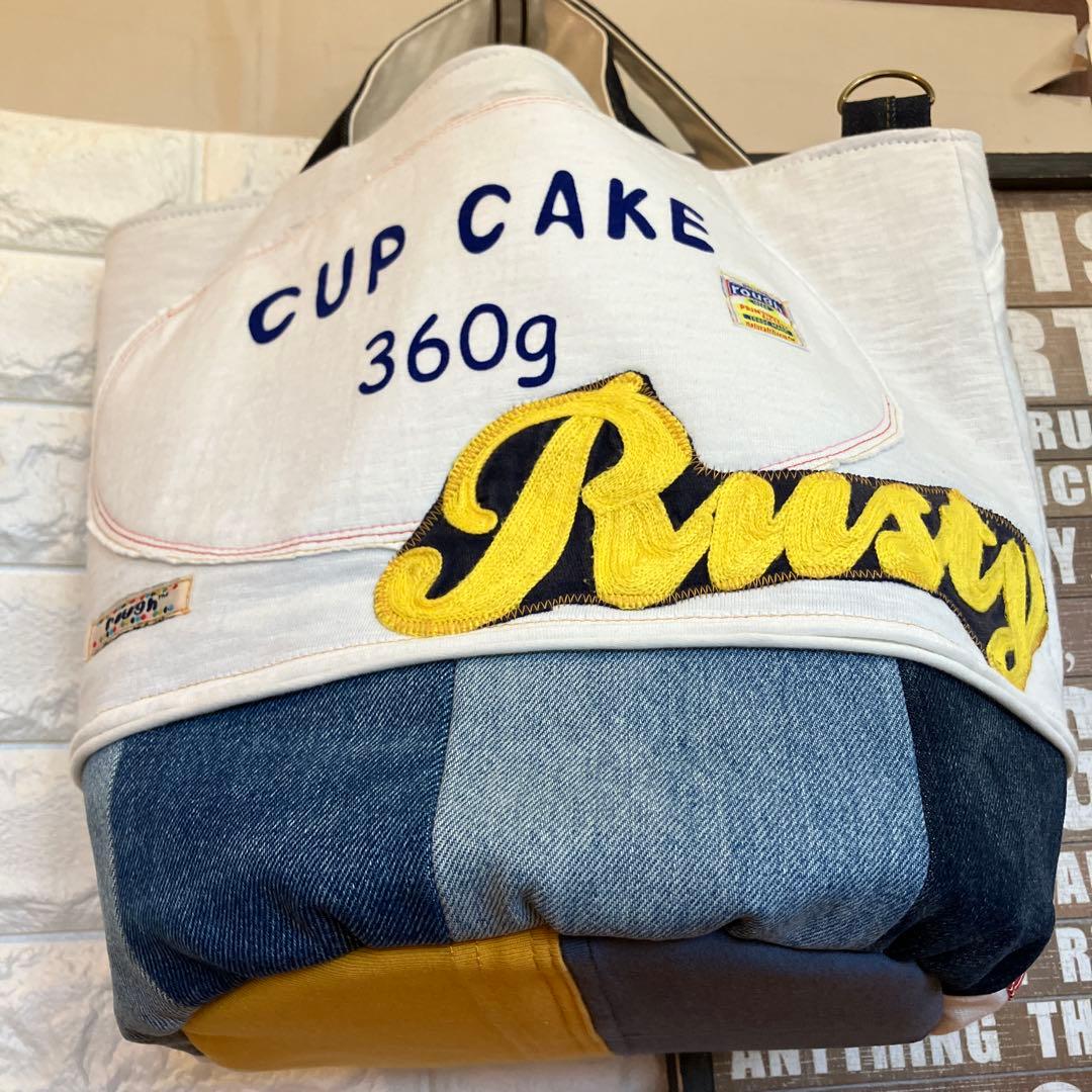 ハンドメイドバックデニムリメイクパッチワーク丸底トートバック♡スイーツとフレブル