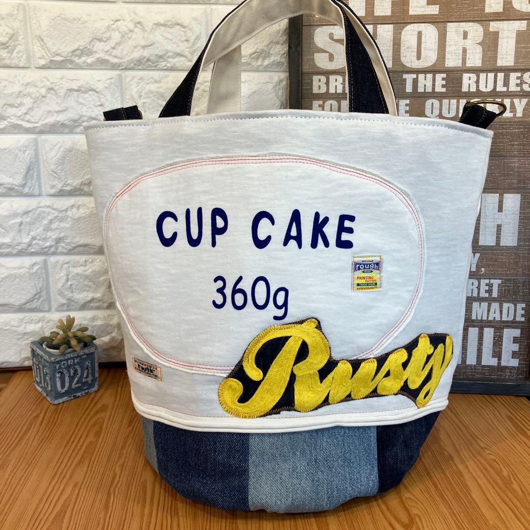 ハンドメイドバックデニムリメイクパッチワーク丸底トートバック♡スイーツとフレブル