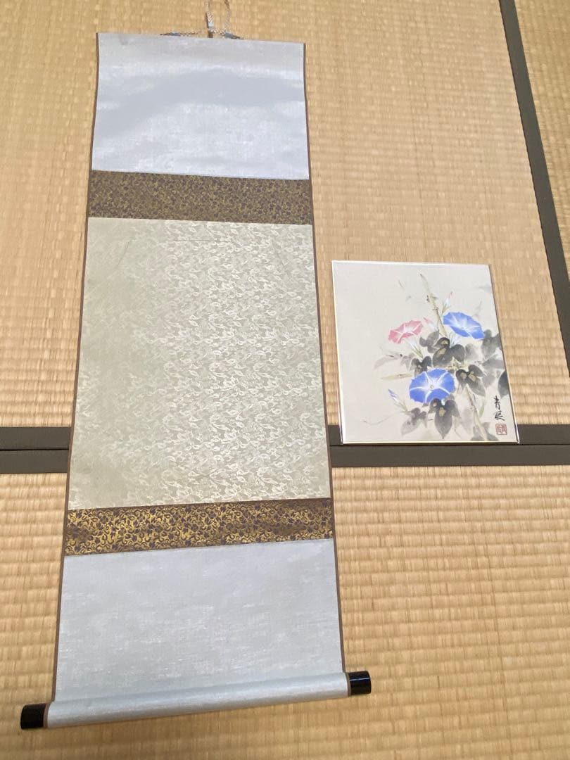 未使用保管品 色紙掛け軸 朝顔 青辰 美術品 装飾