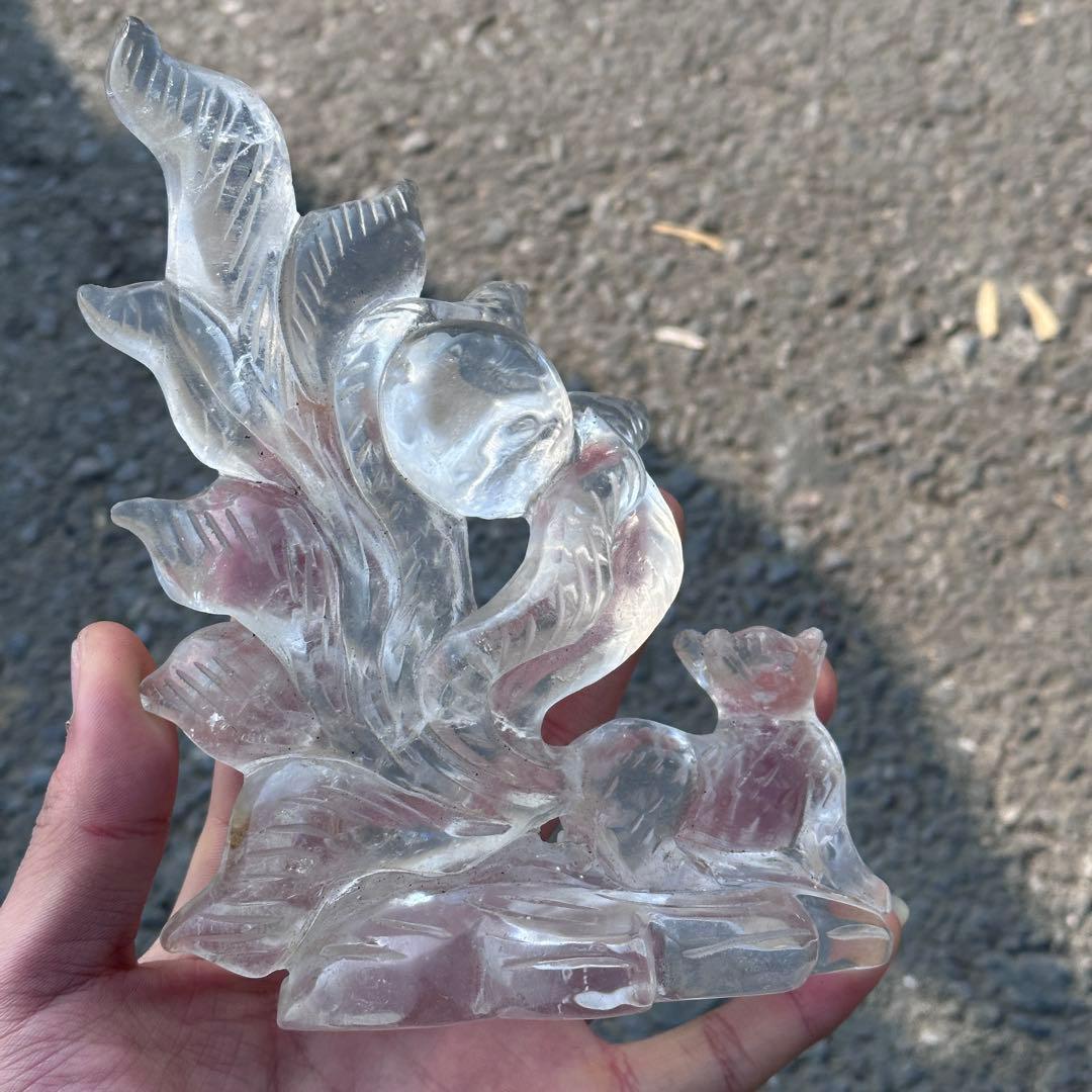 天然石水晶の九尾狐　置物　彫り物G.265