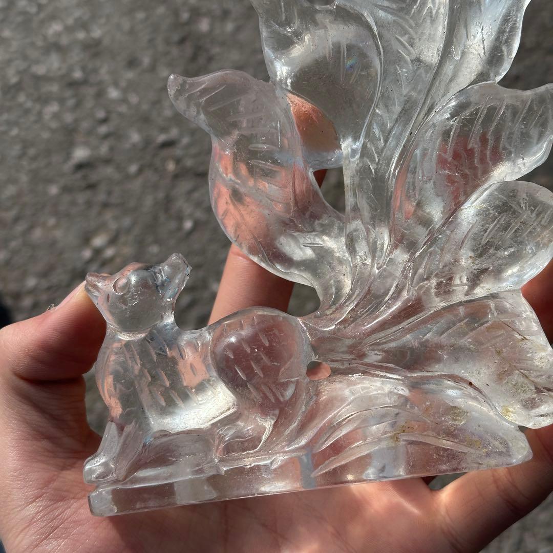 天然石水晶の九尾狐　置物　彫り物G.265