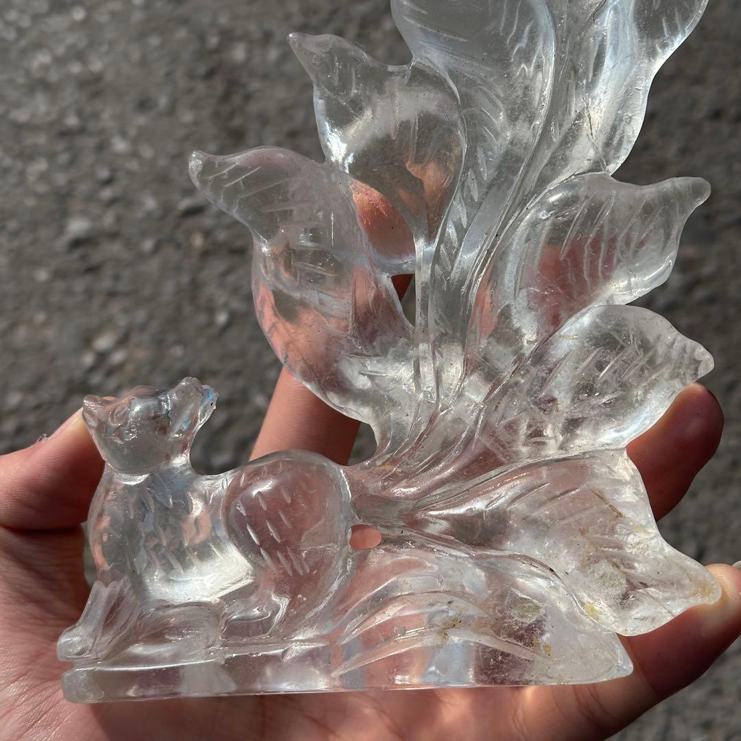 天然石水晶の九尾狐　置物　彫り物G.265