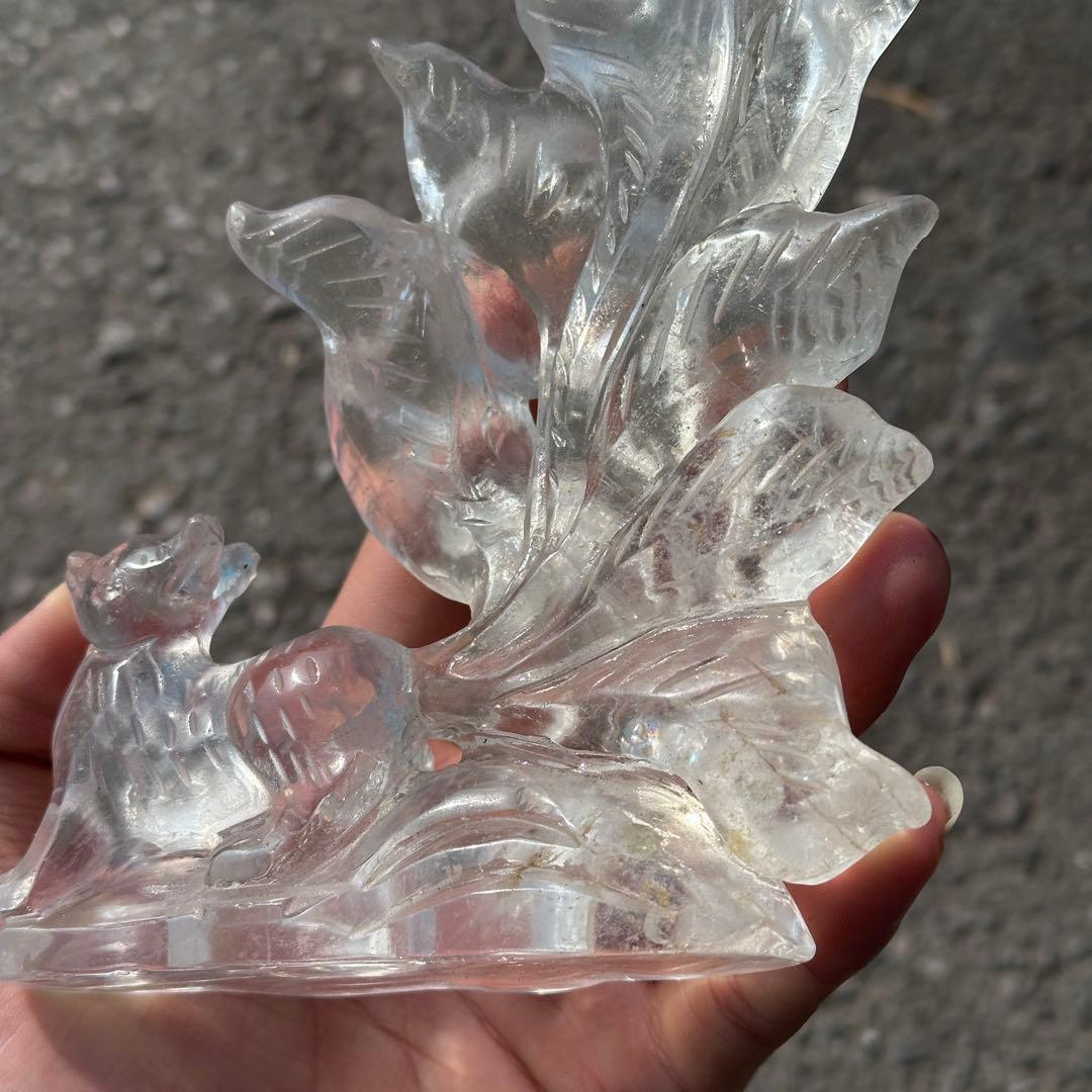 天然石水晶の九尾狐　置物　彫り物G.265