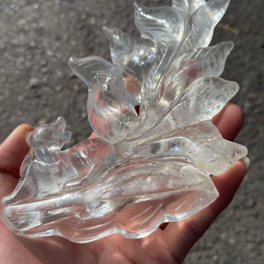 天然石水晶の九尾狐　置物　彫り物G.265