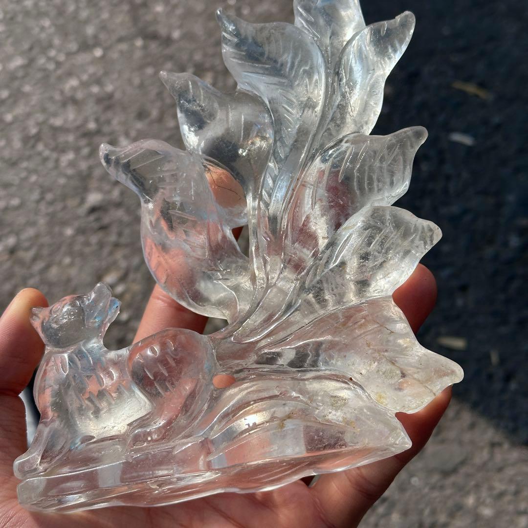 天然石水晶の九尾狐　置物　彫り物G.265