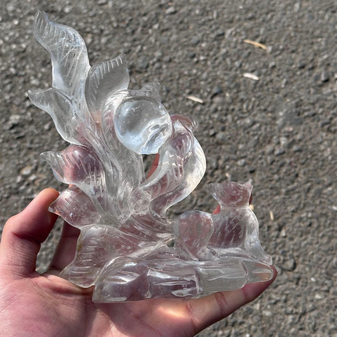 天然石水晶の九尾狐　置物　彫り物G.265