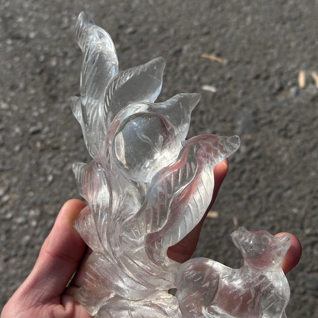 天然石水晶の九尾狐　置物　彫り物G.265