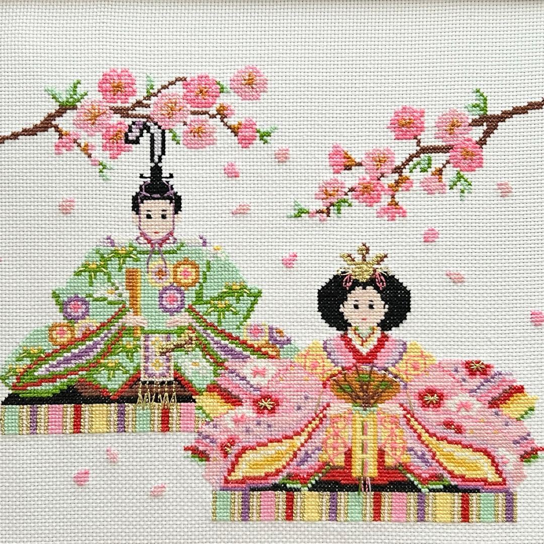 【完成品】クロスステッチ　桃の花とお雛様
