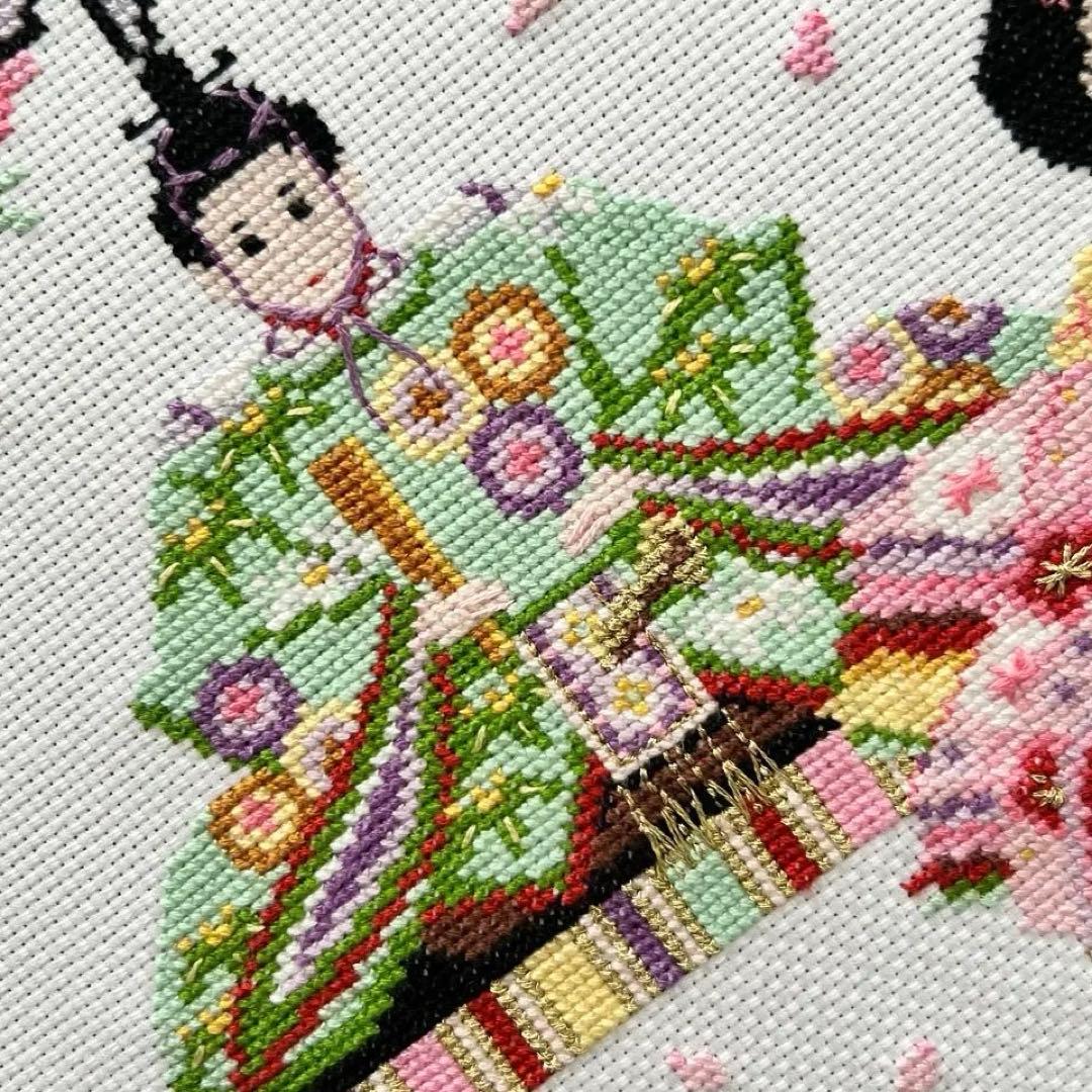 【完成品】クロスステッチ　桃の花とお雛様